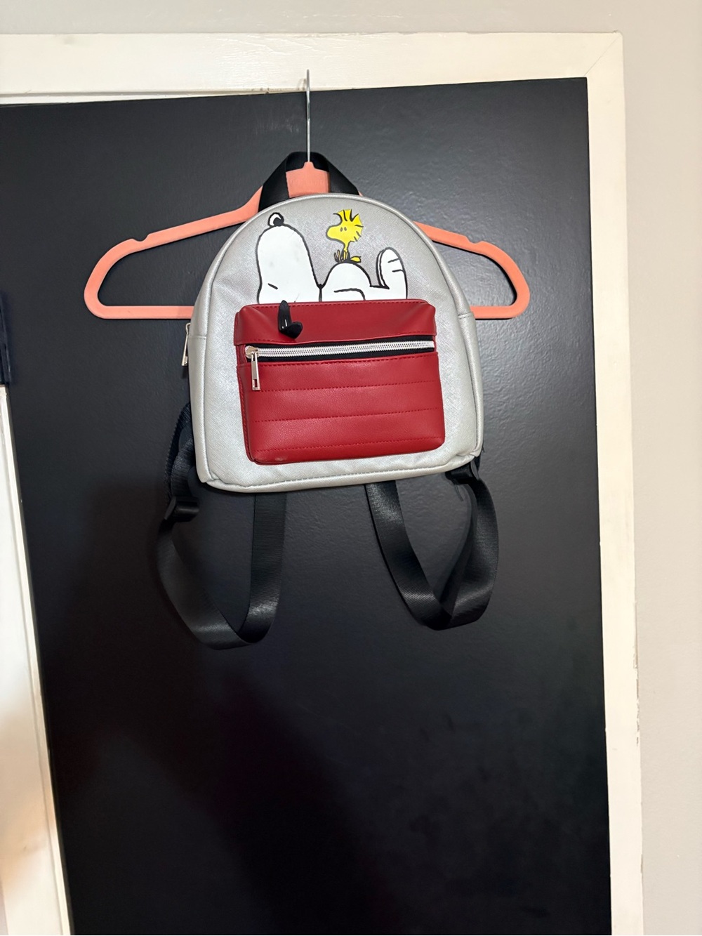 Peanuts Mini Backpack in Silver with Red Front Pocket